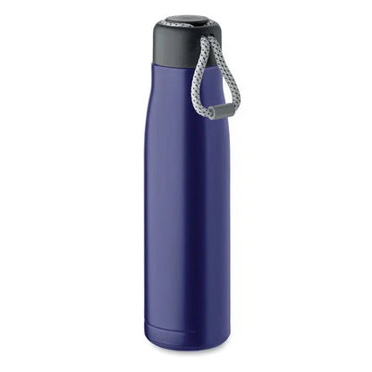 Flacon cu perete dublu de 500 ml albastru închis cu capac negru și mâner din corzi gri împletite