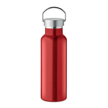 Flacon cu perete dublu rosu metalizat de 500 ml cu capac argintiu filetat si maner integrat