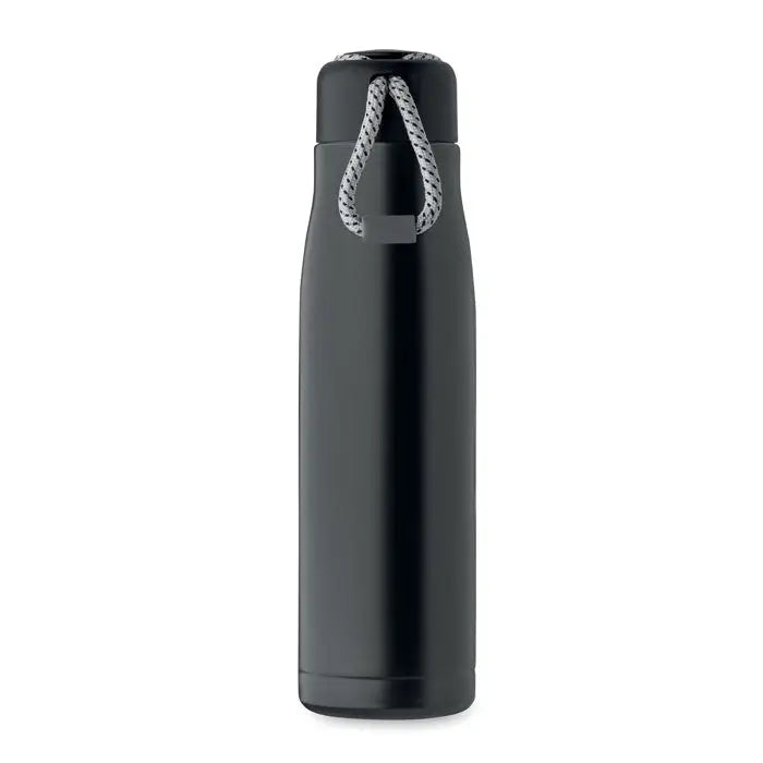 Flacon cu perete dublu de 500 ml negru izolat cu maner texturat din funie gri rezistent