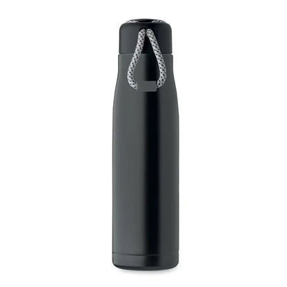 Flacon cu perete dublu de 500 ml negru izolat cu maner texturat din funie gri rezistent