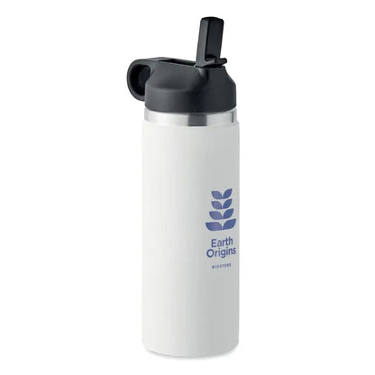 Flacon cu perete dublu de 500 ml alb izolat cu capac flip-top negru si logo albastru earth origins