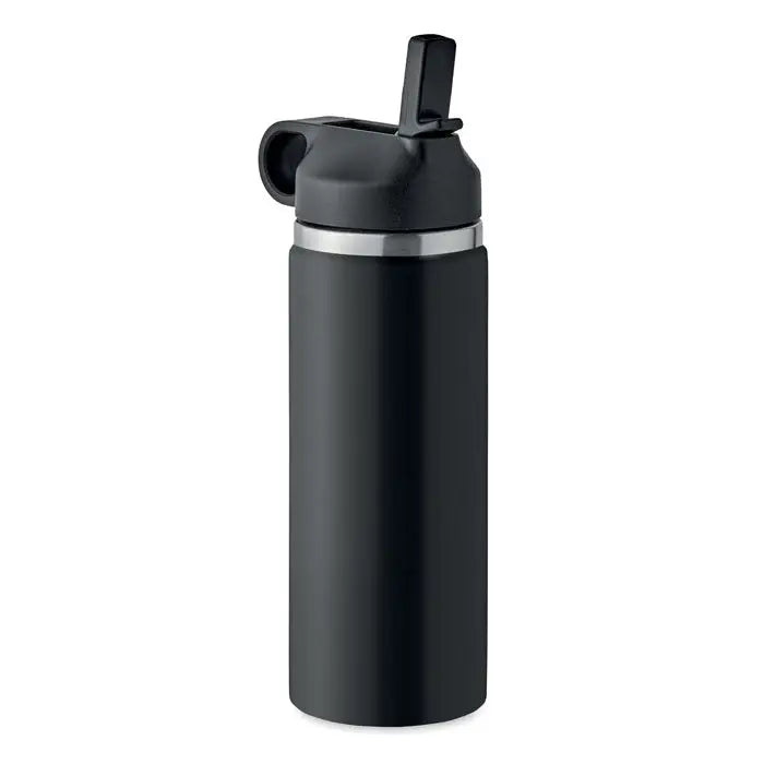 Flacon cu perete dublu de 500 ml negru cu finisaj mat si banda argintie, capac cu pai pliabil negru