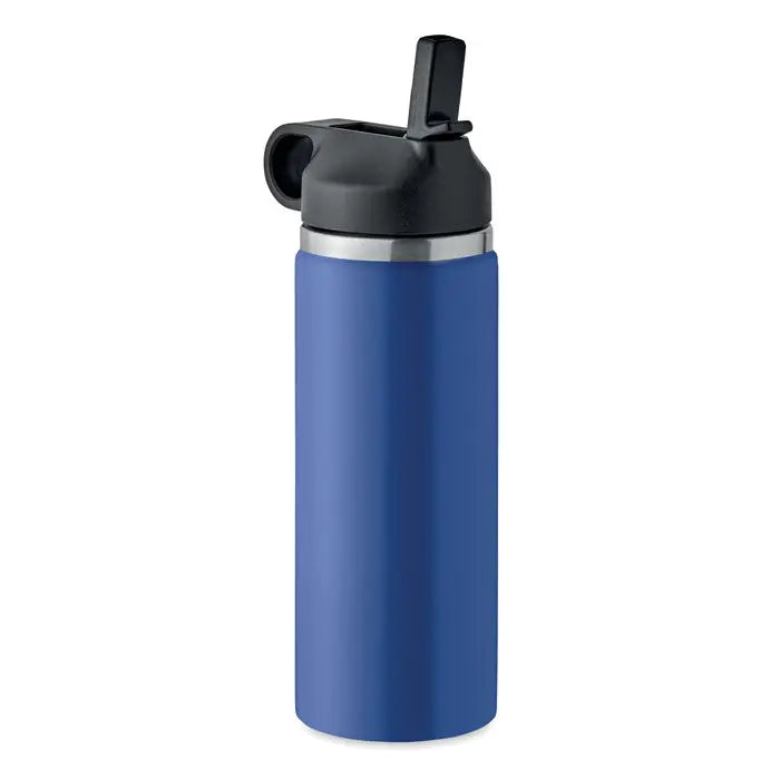 Flacon cu perete dublu de 500 ml albastru cu capac negru tip pahar si margine argintie izolant termic