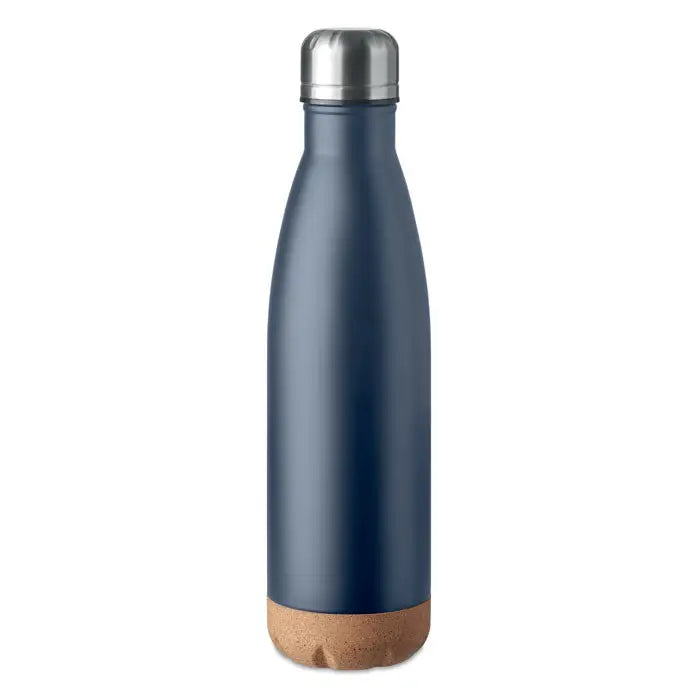 Flacon cu perete dublu de 500 ml albastru navy cu capac inoxidabil argintiu si baza din plută izolant