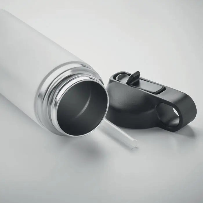 Flacon cu perete dublu de 500 ml alb mat cu capac negru flip-top si pai din sticla frosted pentru apa