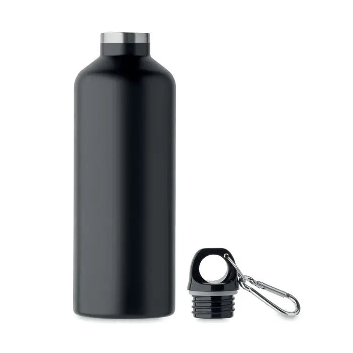 Flacon cu perete dublu de 500 ml negru mat din otel inoxidabil cu capac argintiu si carabiniera atasata