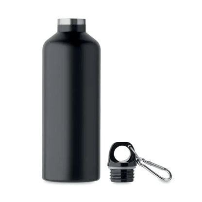Flacon cu perete dublu de 500 ml negru mat din otel inoxidabil cu capac argintiu si carabiniera atasata