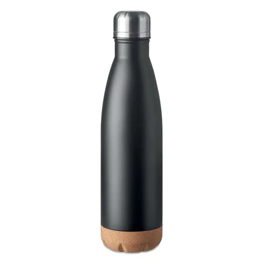 Flacon cu perete dublu de 500 ml din oțel inoxidabil negru mat cu capac argintiu și bază din plută naturală