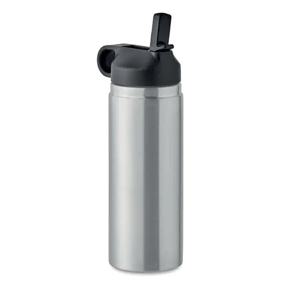 Flacon cu perete dublu de 500 ml din otel inoxidabil argintiu cu capac negru rabatabil si pai integrat
