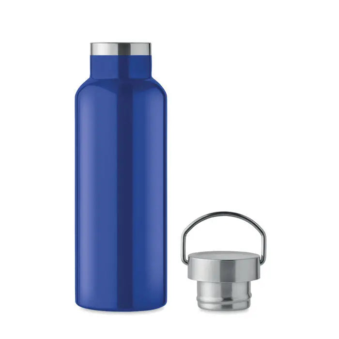 Flacon cu perete dublu de 500 ml albastru din otel inoxidabil cu capac argintiu cu filet si maner
