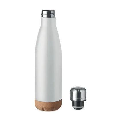 Flacon cu perete dublu de 500 ml alb mat din oțel inoxidabil cu bază de plută și capac filetat argintiu