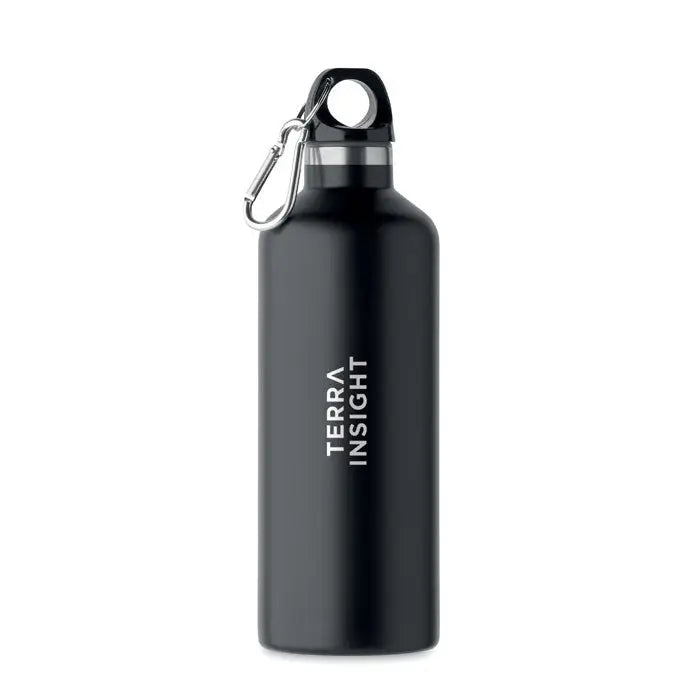 Flacon cu perete dublu de 500 ml din oțel inoxidabil negru mat cu carabinieră argintie și branding terra insight