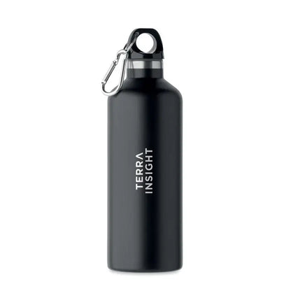 Flacon cu perete dublu de 500 ml din oțel inoxidabil negru mat cu carabinieră argintie și branding terra insight