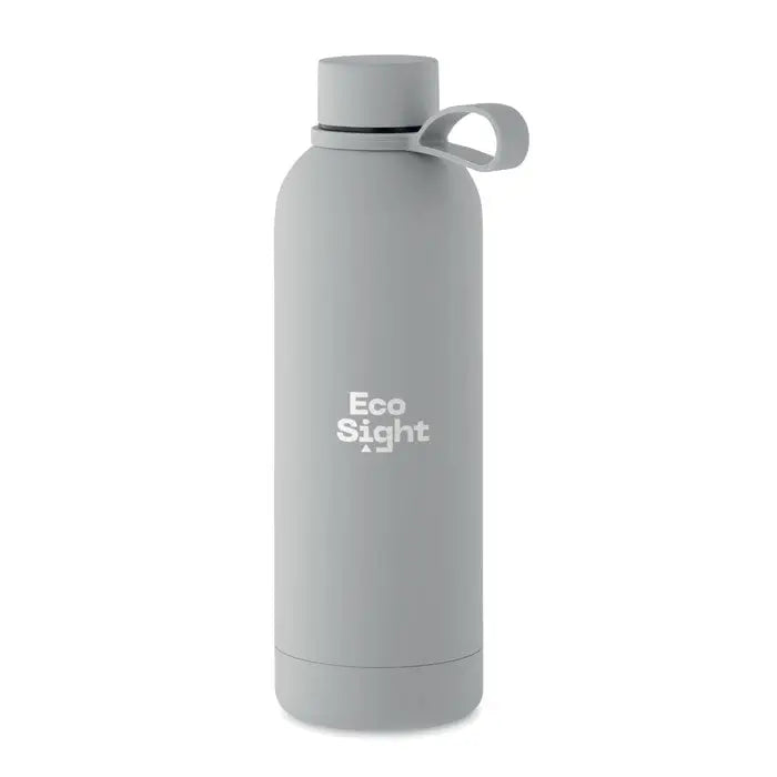 Flacon cu perete dublu de 500 ml din otel inoxidabil mat gri cu capac si maner integrat si logo eco sight alb