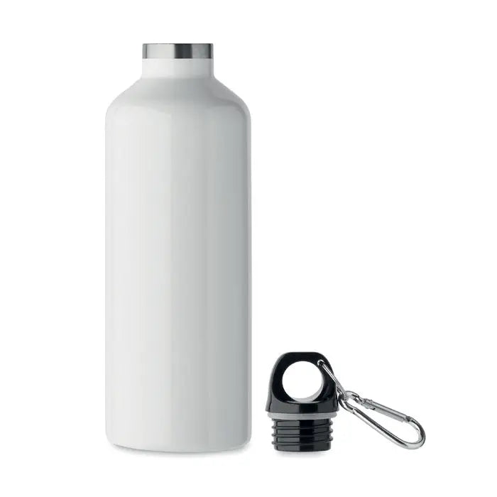 Flacon cu perete dublu de 500 ml din otel inoxidabil alb mat cu capac negru si carabiniera argintie