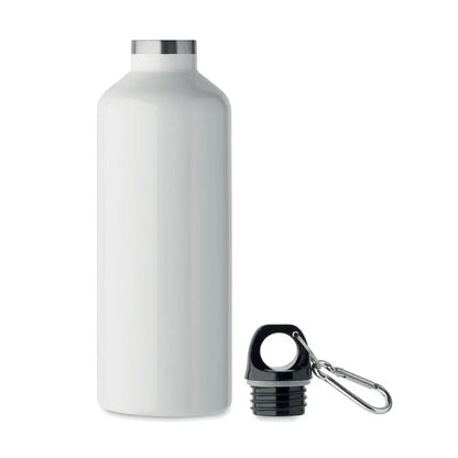 Flacon cu perete dublu de 500 ml din otel inoxidabil alb mat cu capac negru si carabiniera argintie