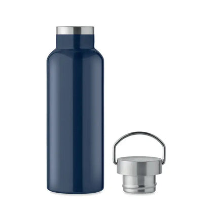 Flacon cu perete dublu de 500 ml albastru închis din oțel inoxidabil cu capac argintiu și mâner