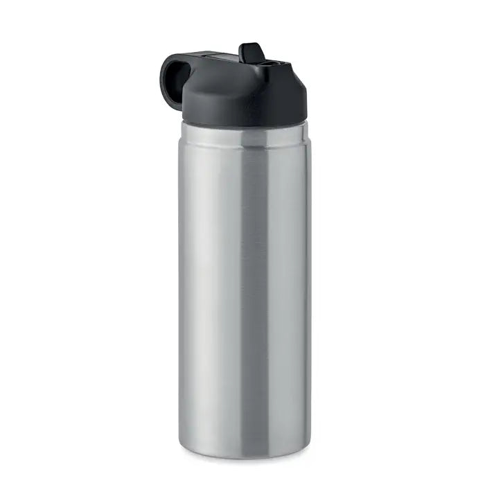 Flacon cu perete dublu de 500 ml din otel inoxidabil argintiu cu capac negru rabatabil si bucla integrata