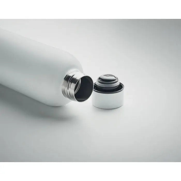 Flacon cu perete dublu de 500 ml alb mat din otel inoxidabil cu capac argintiu minimalist si coplan