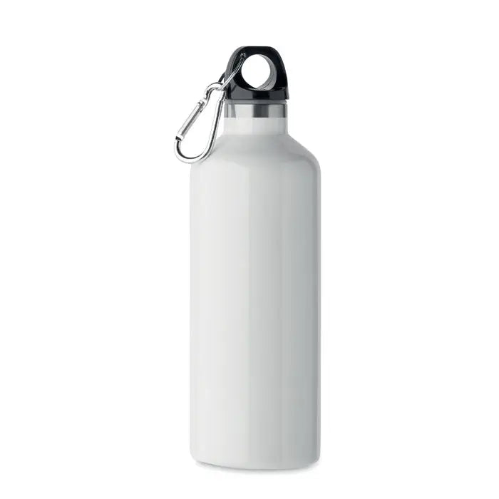 Flacon cu perete dublu de 500 ml alb din otel inoxidabil cu capac negru si carabiniera argintie