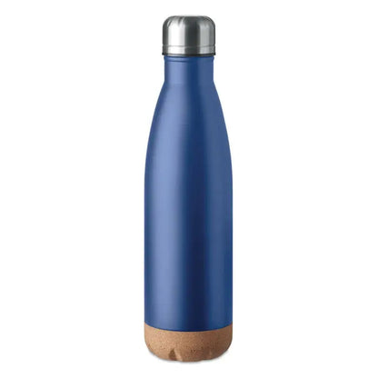 Flacon cu perete dublu de 500 ml albastru din oțel inoxidabil mat cu capac argintiu și bază din plută