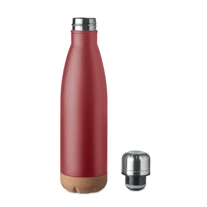 Flacon cu perete dublu de 500 ml sticla din otel inoxidabil rosu mat cu baza din pluta si capac argintiu infiletabil