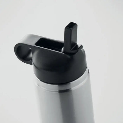 Flacon cu perete dublu de 500 ml argintiu din otel inoxidabil cu capac negru din plastic si pai integrat