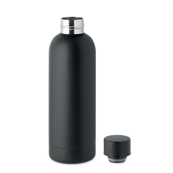 Flacon cu perete dublu de 500 ml din otel inoxidabil negru mat cu gat filetat argintiu si capac negru matching