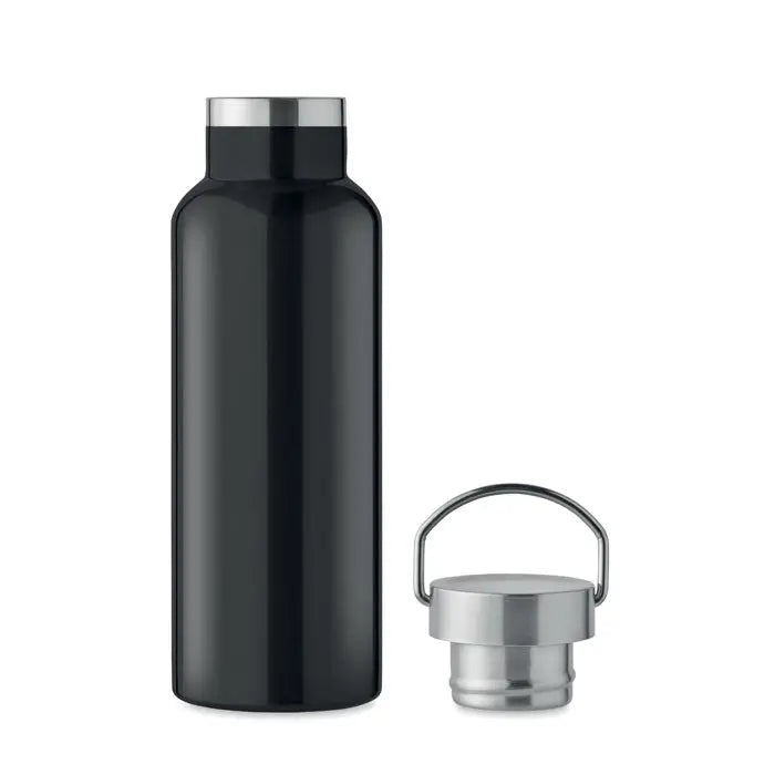 Flacon cu perete dublu de 500 ml negru mat din otel inoxidabil cu capac argintiu si maner pentru apa