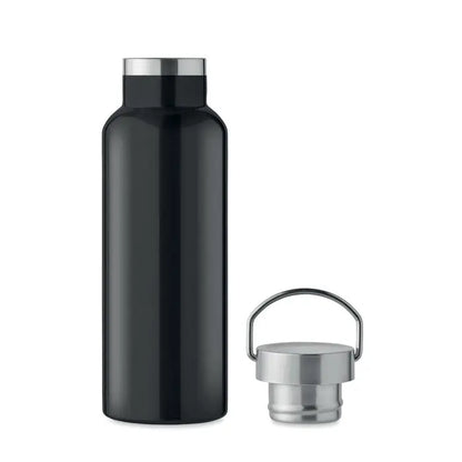 Flacon cu perete dublu de 500 ml negru mat din otel inoxidabil cu capac argintiu si maner pentru apa