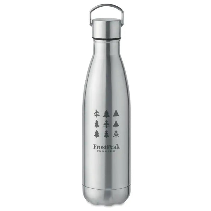 Flacon cu perete dublu de 500 ml din otel inoxidabil argintiu cu design curbat si siluete negre de copaci la baza