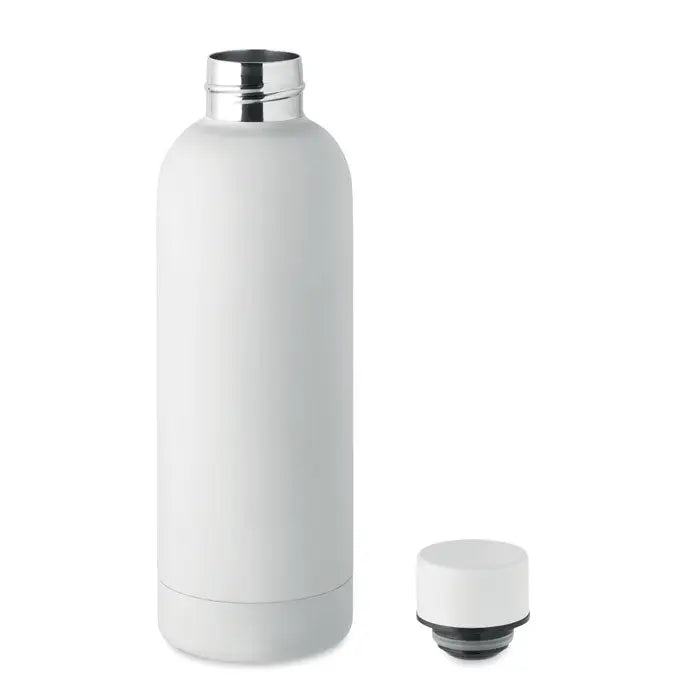 Flacon cu perete dublu de 500 ml din otel inoxidabil alb mat cu gat filet si capac argintiu matching