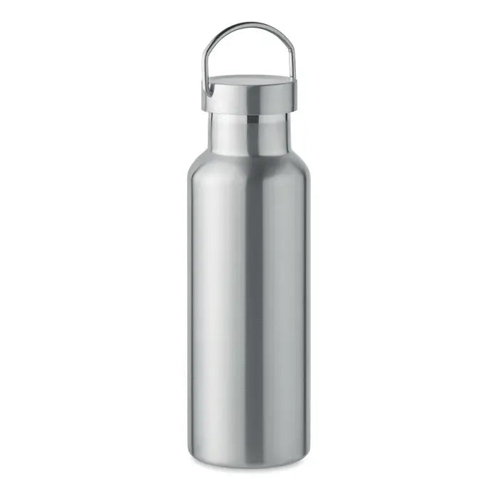 Flacon cu perete dublu de 500 ml argintiu din oțel inoxidabil cu design cilindric și capac metalic cu buclă integrată