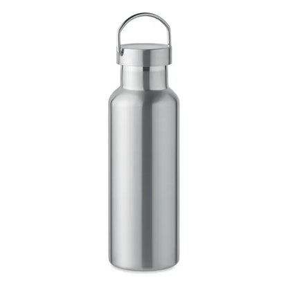 Flacon cu perete dublu de 500 ml argintiu din oțel inoxidabil cu design cilindric și capac metalic cu buclă integrată