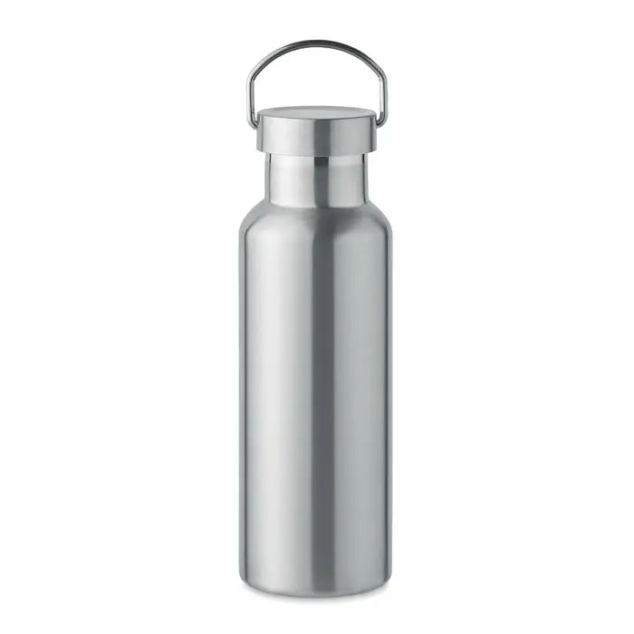 Flacon cu perete dublu de 500 ml din oțel inoxidabil argintiu cu design cilindric și mâner metalic asortat