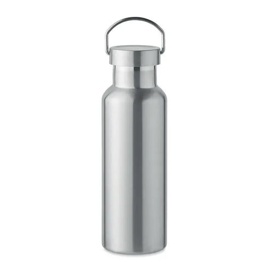 Flacon cu perete dublu de 500 ml din oțel inoxidabil argintiu cu design cilindric și mâner metalic asortat