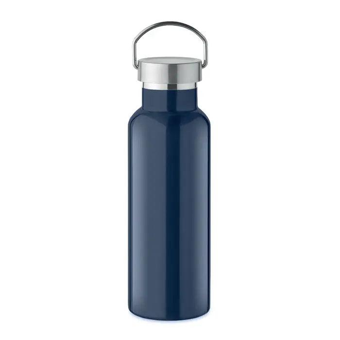 Flacon cu perete dublu de 500 ml sticla din otel inoxidabil albastru inchis cu capac argintiu si maner