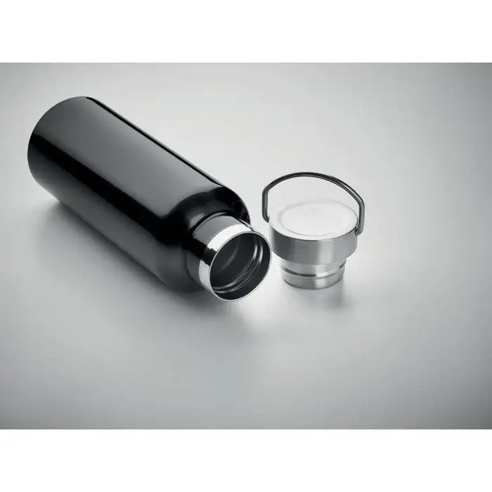 Flacon cu perete dublu de 500 ml din otel inoxidabil negru cu capac argintiu si maner integrat