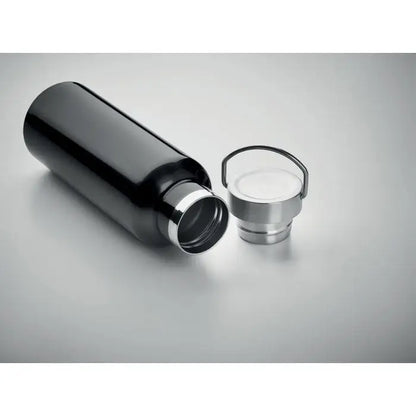 Flacon cu perete dublu de 500 ml din otel inoxidabil negru cu capac argintiu si maner integrat