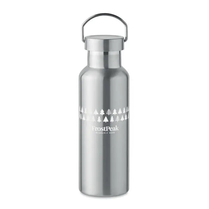 Flacon cu perete dublu de 500 ml din oțel inoxidabil argintiu cu mâner și logo alb cu model de copac
