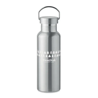 Flacon cu perete dublu de 500 ml din oțel inoxidabil argintiu cu mâner și logo alb cu model de copac