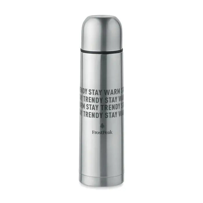 Flacon cu perete dublu de 500 ml din otel inoxidabil argintiu cu text negru stay warm stay trendy si logo frostpeak