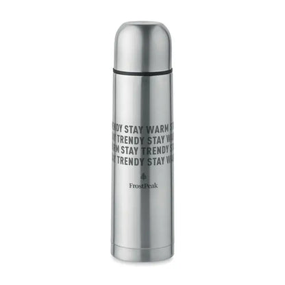 Flacon cu perete dublu de 500 ml din otel inoxidabil argintiu cu text negru stay warm stay trendy si logo frostpeak