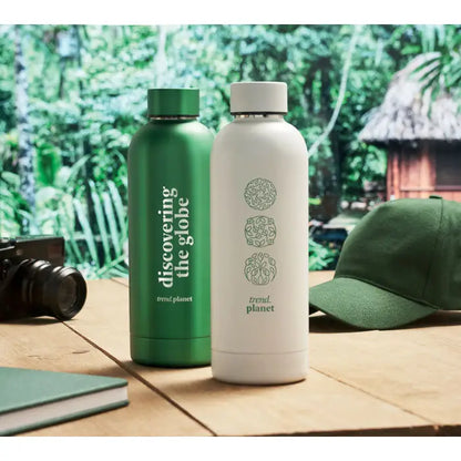 Flacon cu perete dublu de 500 ml, două sticle izolate elegante, verde mat și alb crem, cu branding minimalist trend