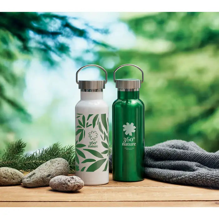 Flacon cu perete dublu de 500 ml două sticle inox 360° albe cu frunze verzi și verde smarald cu capace și mânere argintii