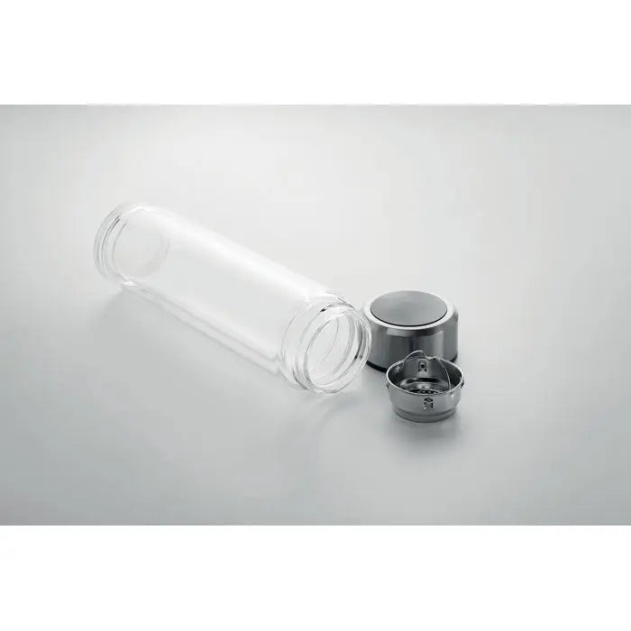 Flacon cu termometru tactil transparent cu capac si baza argintii din inox pentru calatorii