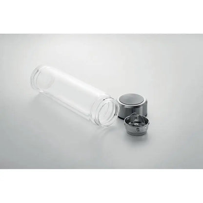 Flacon cu termometru tactil transparent cu capac si baza argintii din inox pentru calatorii