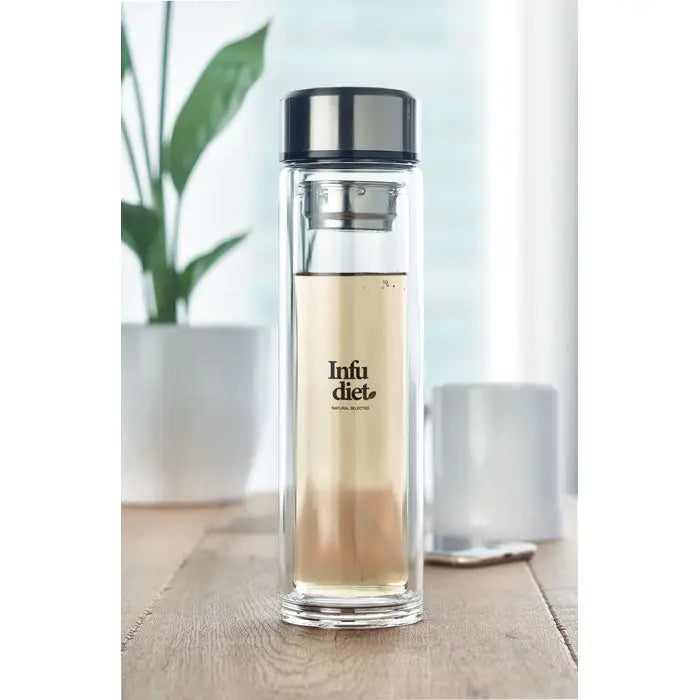 Flacon cu termometru tactil din sticla dubla transparenta cu capac inox si filtru infu diet pe lateral
