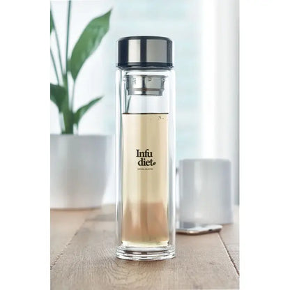 Flacon cu termometru tactil din sticla dubla transparenta cu capac inox si filtru infu diet pe lateral