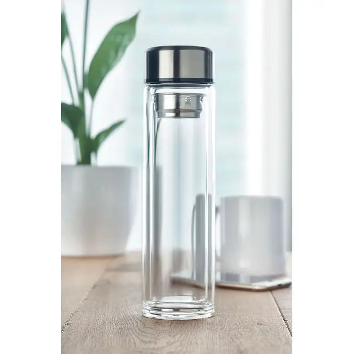 Flacon cu termometru tactil transparent din sticla dubla cu capac si baza din otel inoxidabil elegant